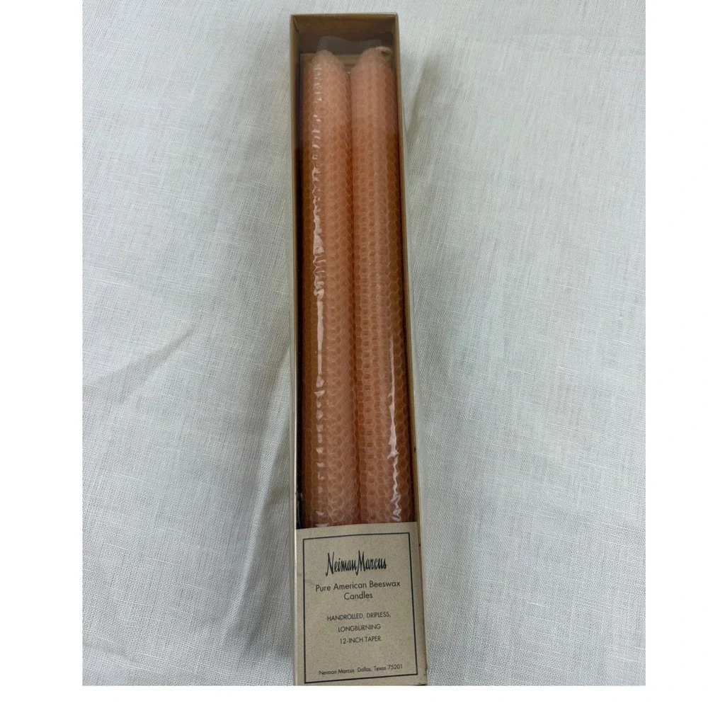 Neiman Marcus Pure American Beeswax 12 Inch Taper Candles Handrolled Peach Pair